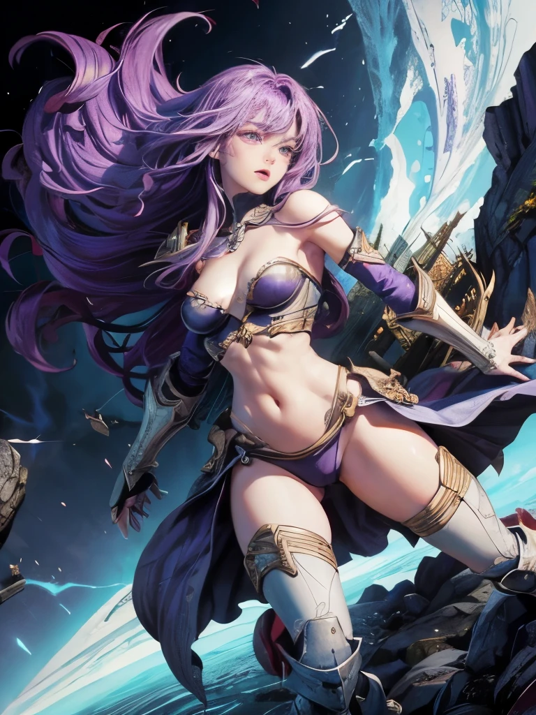 Highest quality、rape、Captured by mutants、Surrounded by mutants、defeat、Beautiful woman with very long purple hair、White Armor（Medium breast、Off the shoulder、No sleeve、No elbow pads、Belly button、High Leg、Exposed thighs）、White Armorのブーツ、Tears overflow、Frightened expression、Fleeing 1:5、Attacked by mutants 1:5、Many violent mutants 1:5、The mutant grabs the woman&#39;s arm.　Mutant attacks from behind、Mutant grabs leg、Mutant Swarm 1:5、darkness、another world、Dark fantasy、Pitch black hell