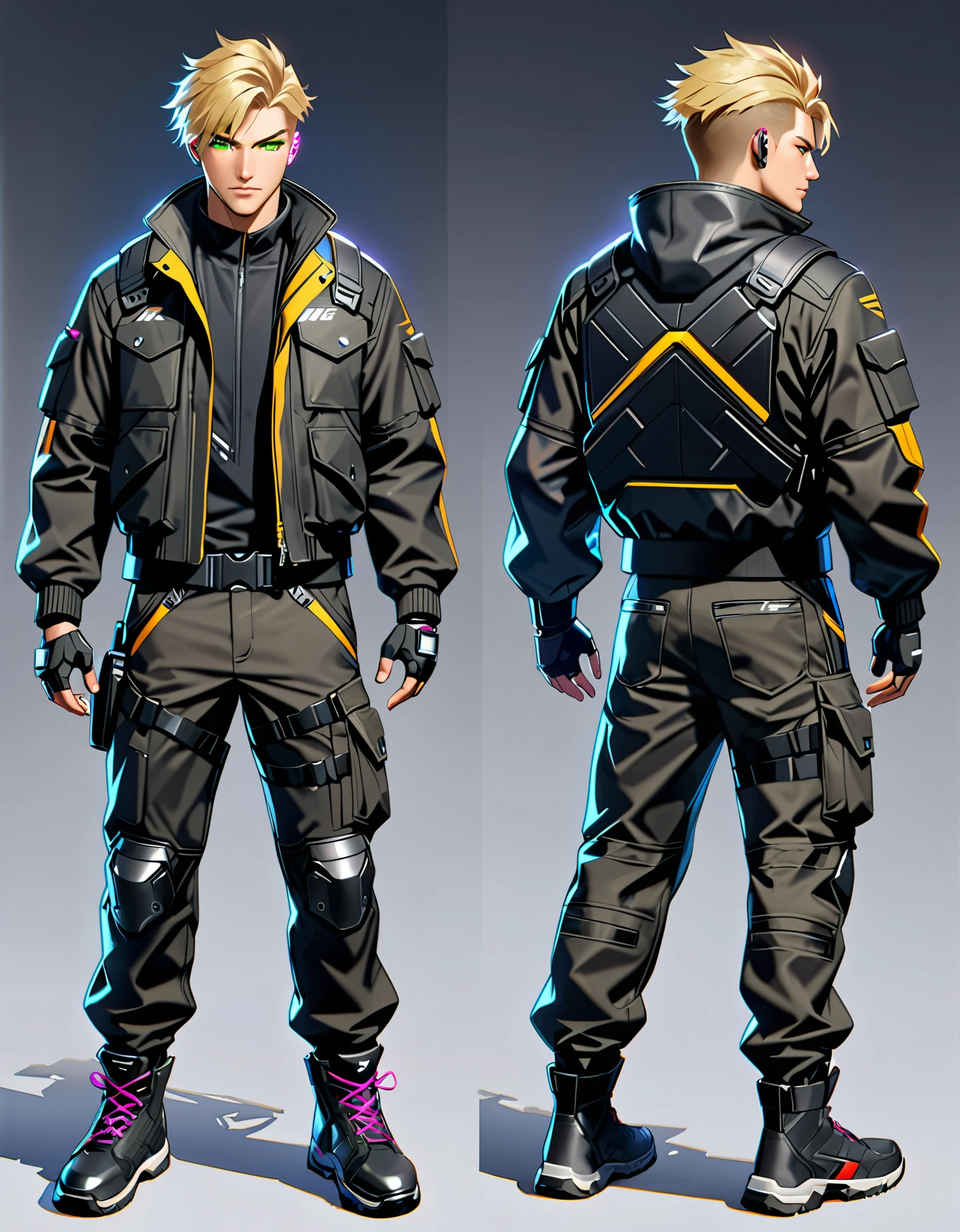 (masterpiece), (best quality), (high res), 1male, male focus, blond-haired man in military uniform, cyberpunk street goon, hyper-realistic cyberpunk style, jetstream sam from metal gear, techwear look and clothes, cyberpunk streetwear, cyberpunk soldier, young blonde boy fantasy thief, soldier outfit, wearing techwear and armor, wearing japanese techwear, soldier 7 6 from overwatch, wearing cyberpunk streetwear, green eyes. Solo, Solo focus, Simple background, Multiple Views, Character Sheet Full-Length.