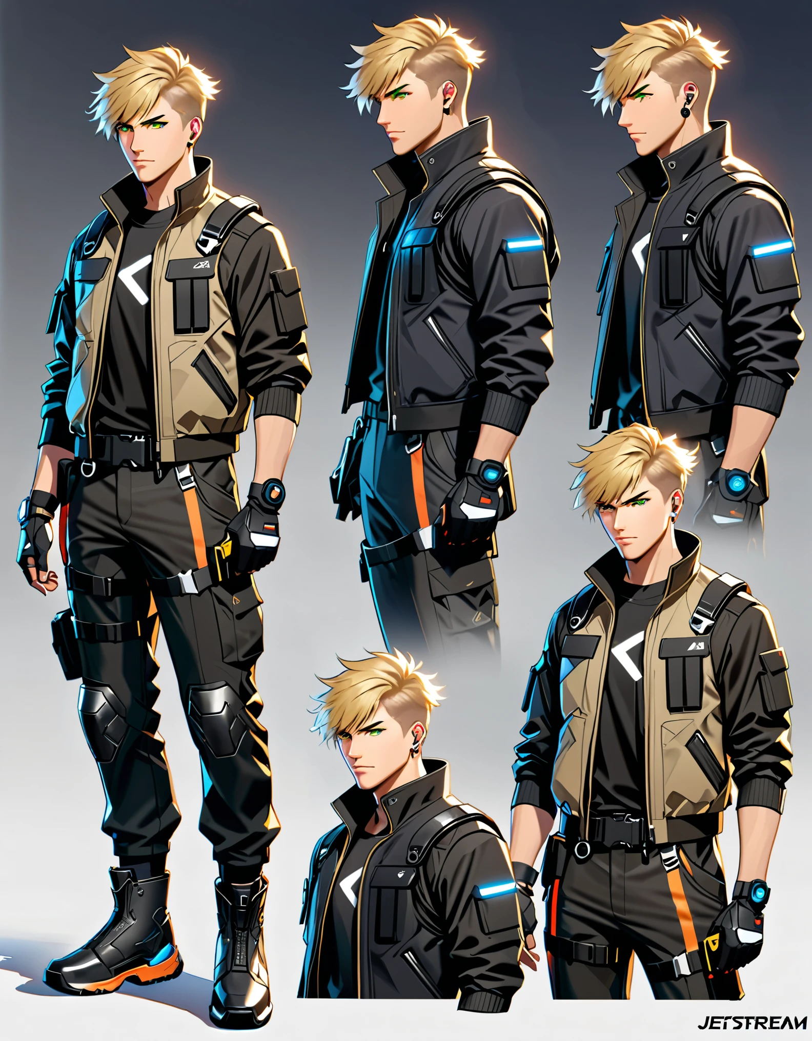 (masterpiece), (best quality), (high res), 1male, male focus, blond-haired man in military uniform, cyberpunk street goon, hyper-realistic cyberpunk style, jetstream sam from metal gear, techwear look and clothes, cyberpunk streetwear, cyberpunk soldier, young blonde boy fantasy thief, soldier outfit, wearing techwear and armor, wearing japanese techwear, soldier 7 6 from overwatch, wearing cyberpunk streetwear, green eyes. Solo, Solo focus, Simple background, Multiple Views, Character Sheet Full-Length.
