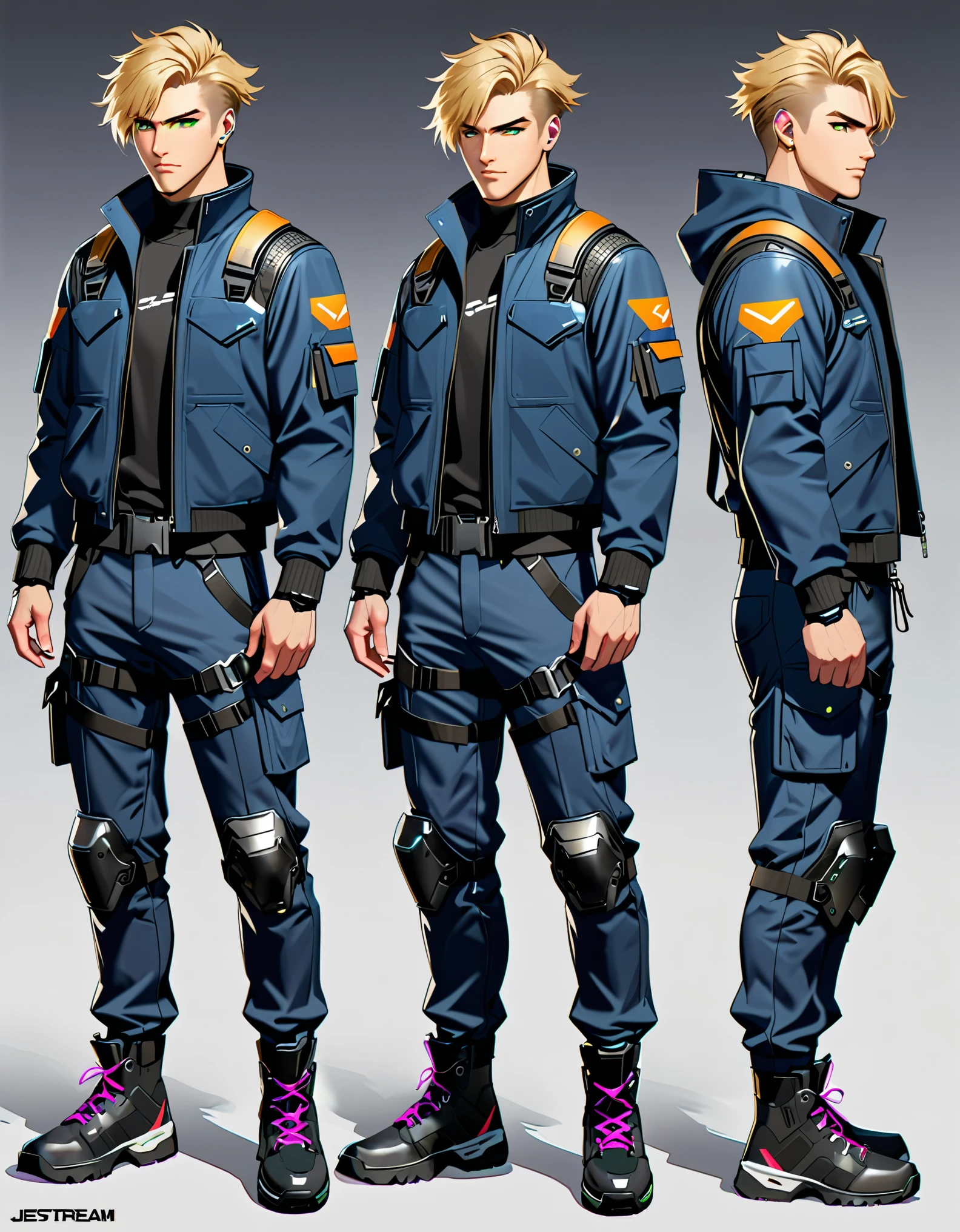(masterpiece), (best quality), (high res), 1male, male focus, blond-haired man in military uniform, cyberpunk street goon, hyper-realistic cyberpunk style, jetstream sam from metal gear, techwear look and clothes, cyberpunk streetwear, cyberpunk soldier, young blonde boy fantasy thief, soldier outfit, wearing techwear and armor, wearing japanese techwear, soldier 7 6 from overwatch, wearing cyberpunk streetwear, green eyes. Solo, Solo focus, Simple background, Multiple Views, Character Sheet Full-Length.