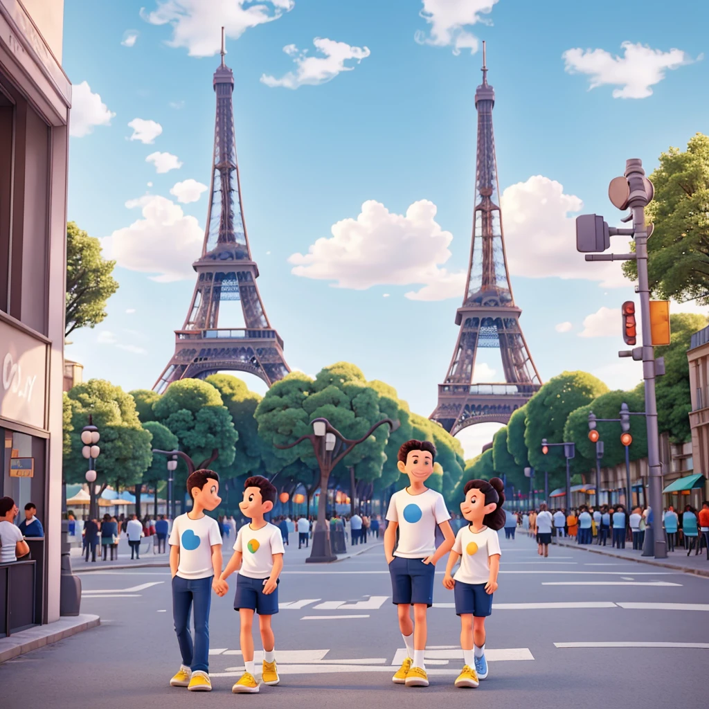 Focal point couple art, white shirt print, Olympics themed in Paris, tracos do mickey mouse, tower eifel, paris details, graphics, White background