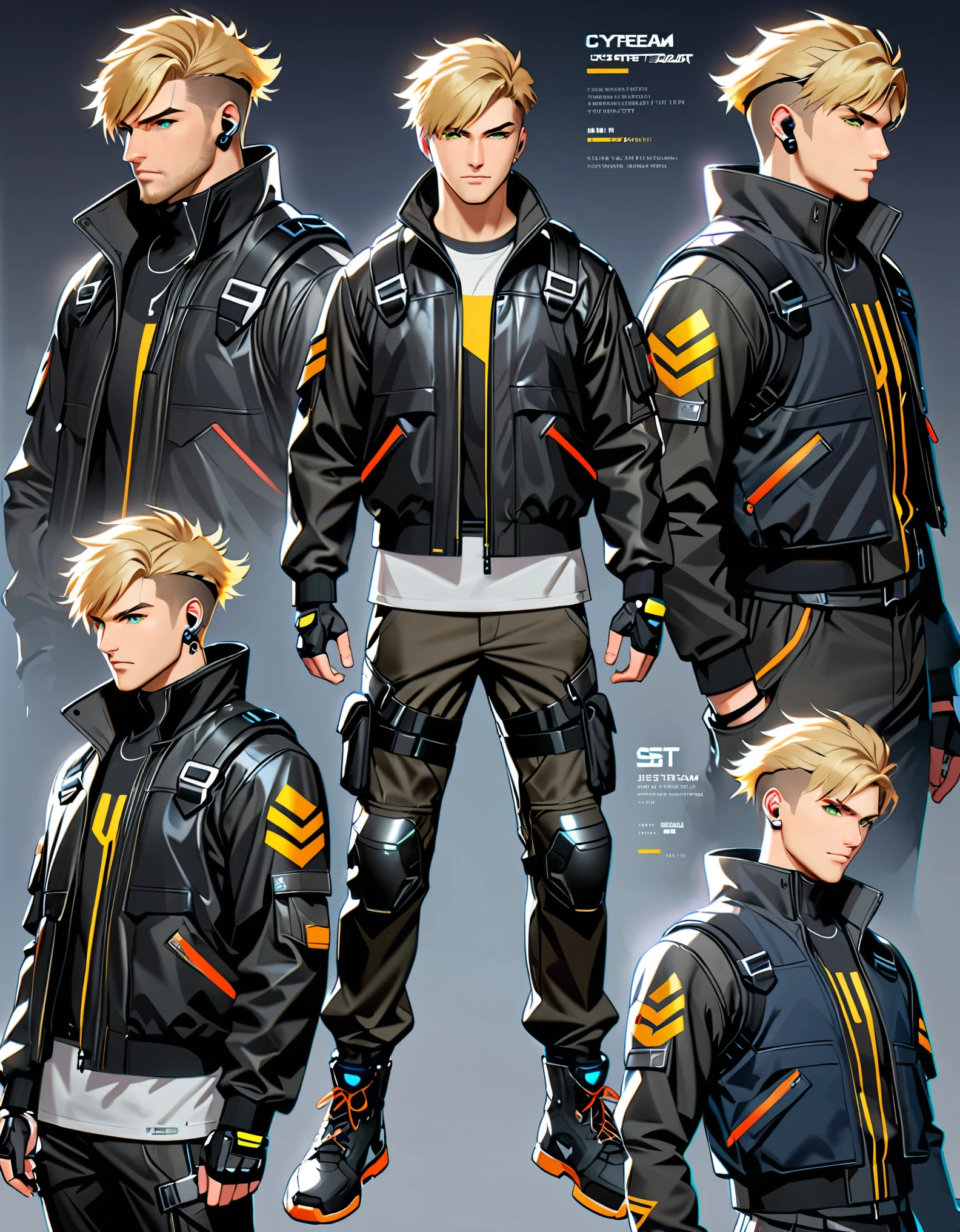 (masterpiece), (best quality), (high res), 1male, male focus, blond-haired man in military uniform, cyberpunk street goon, hyper-realistic cyberpunk style, jetstream sam from metal gear, techwear look and clothes, cyberpunk streetwear, cyberpunk soldier, young blonde boy fantasy thief, soldier outfit, wearing techwear and armor, wearing japanese techwear, soldier 7 6 from overwatch, wearing cyberpunk streetwear, green eyes. Solo, Solo focus, Simple background, Multiple Views, Character Sheet Full-Length.