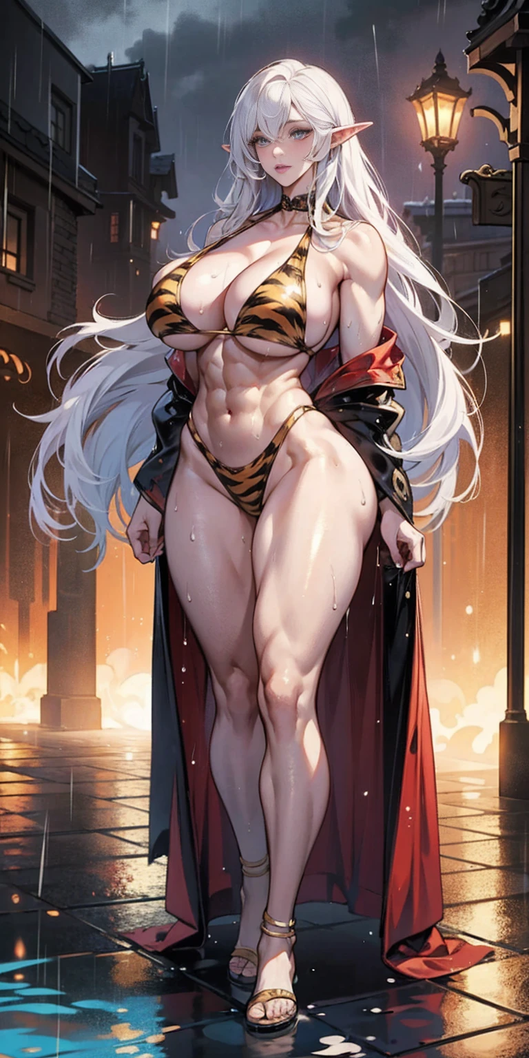 Full body, masterpiece, 1solofemale drow elf purple skin standing pose (yellow tiger bikini) red cape, red bikini, long white hair, strong body, abs, Ultra Quality, shiny skin, Atmospheric, 8K, Cinematic ((Street background)) BREAK, sunglasses (wet rainy, wet by rain, wet body :1.2) ultra-detailed face, detailed lips, detailed eyes, double eyelid, sensual low-necked dress, open neckline, hanging breasts, side pose, visible curves, pool, poolside, red transparent robe, sunglasses, muscular turned leg