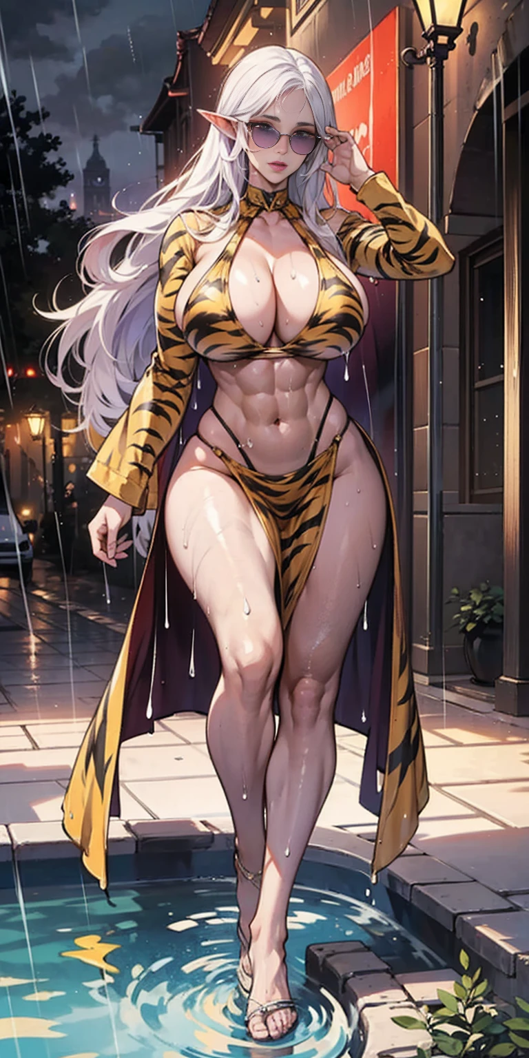 Full body, masterpiece, 1solofemale drow elf purple skin standing pose (yellow tiger bikini) red cape, red bikini, long white hair, strong body, abs, Ultra Quality, shiny skin, Atmospheric, 8K, Cinematic ((Street background)) BREAK, sunglasses (wet rainy, wet by rain, wet body :1.2) ultra-detailed face, detailed lips, detailed eyes, double eyelid, sensual low-necked dress, open neckline, hanging breasts, side pose, visible curves, pool, poolside, red transparent robe, sunglasses, muscular turned leg