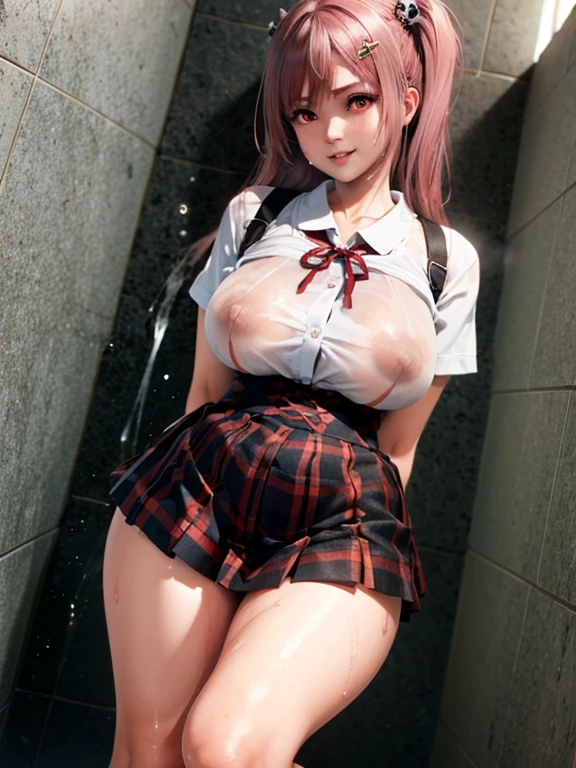 (masterpiece, best quality:1.2), in the bath , honoka dead or alive , skull hair ornament , wet clothes, soaked, wet hair, wet skin, translucent, glistening with oil , dishevelled , solo, 1girl, school girl uniform , steam , plaid skirt , pleated skirt , The shirt is tight. , white shirt , school girl , red bow , red knot , red eyes, intricate, highres, 8k, detailed hair , wet and sweaty , wet white shirt , clothes were so wet that her breasts could be seen , Soak in water , big breasts