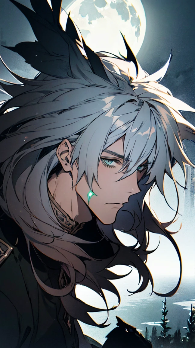 Siegfried,Fate,***ung man, male photo,solo,(portrait),gray long hair,green eyes,moonlight,high quality, Best quality, 8K, ultra detailed,masterpiece