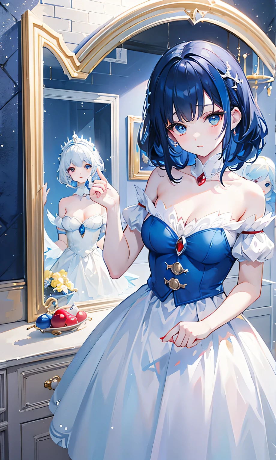 Cosplay Snow White，The seven dwarfs merged into Snow White，Magic mirror decoration magic mirror decoration light blue glass mirror magic mirror feeling，A little bit of flirtation，Blue, white, yellow and red color scheme