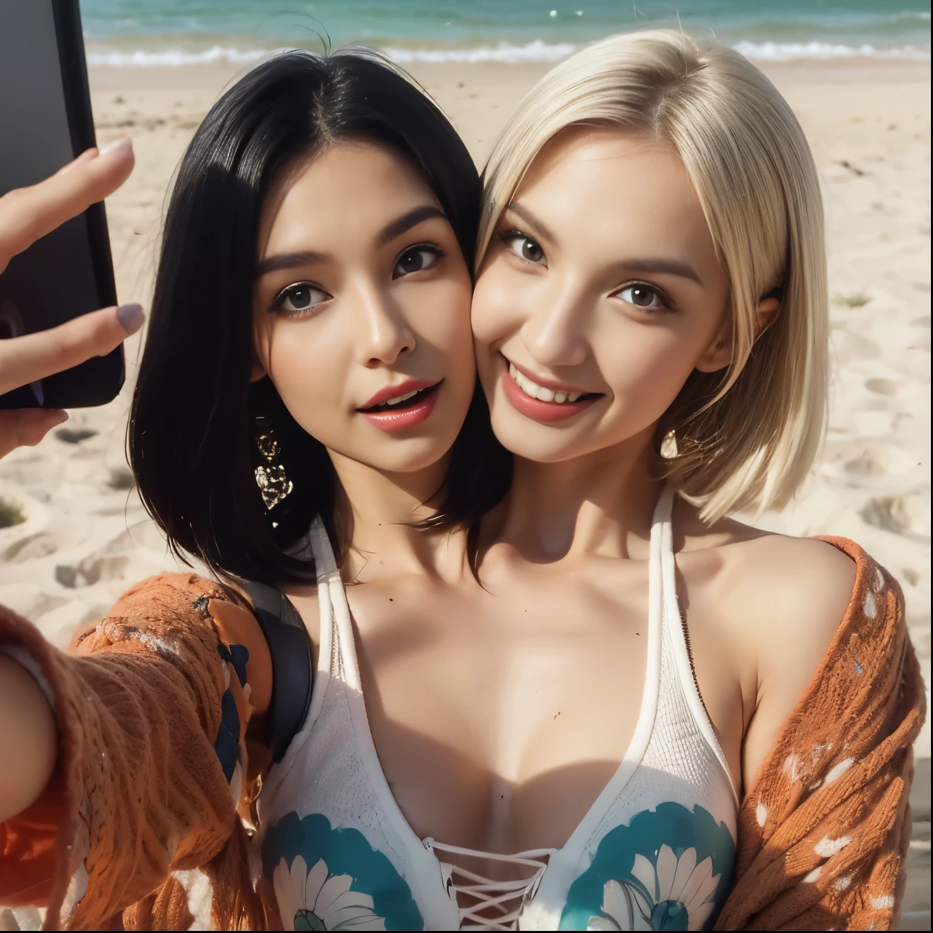 Best resolution, 2heads, young woman, black hair, lipstick smiling, different faces, beach attire