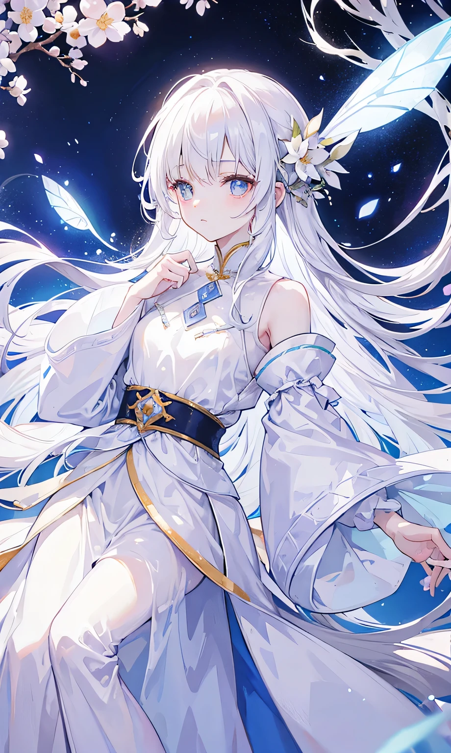 The fairy doctor in a soft white coat，Soft sleeves，Decorated with white cloud flowers，There is a feeling of fairy air，Long, straight white hair，Oval face，Tall and slender，Rich and upright，