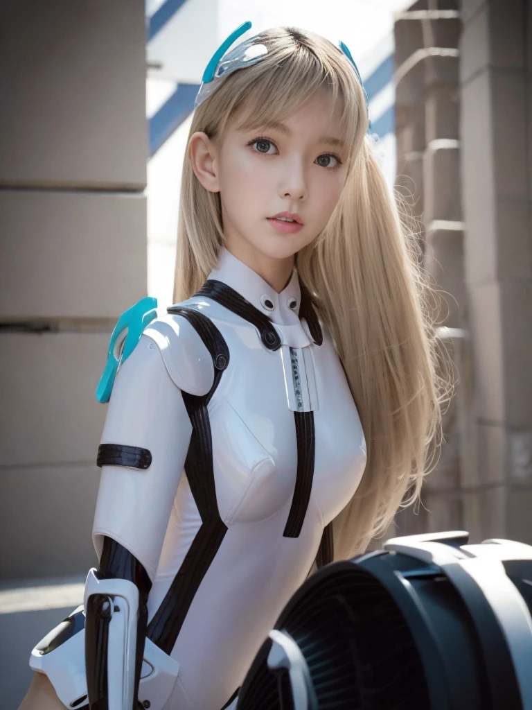 best quality, 1080P, Masterpiece, Whole body photo, Ultra high resolution, photorealistic photo, ultra realism, Realistic skin texture, light blonde hair, Extreme skin detail, dslr, Detailed eyes, Facing the camera, Very beautiful face, Firm facial structure, Pale skin, Realistic skin texture, Extreme skin detail, oc render reflection textures, Realistic light and shadow, one picture, alone, The body will be slender and balanced..., Age 20, Height 170, no underwear, Flat stomach, (Shiny white leather bodysuit), full body view, Whole body photo, sexy pose, A girl with the body of a mechanical robot., Transparent futuristic white glass mech armor.,