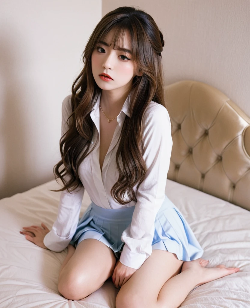 expensive Long Hair glamorous masochist、Bedroom、 シースルーキャミソール、ヌード、Sitting on the bed in a submissive pose、