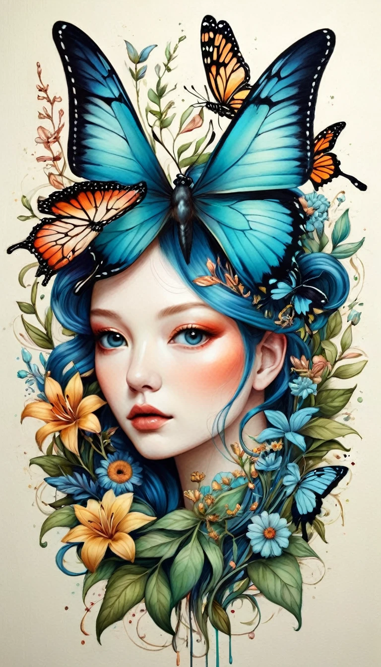 Colored lead painting simple illustration：Inspired by Marco Mazzoni,Bird on portrait、Butterfly、Plants and flowers。