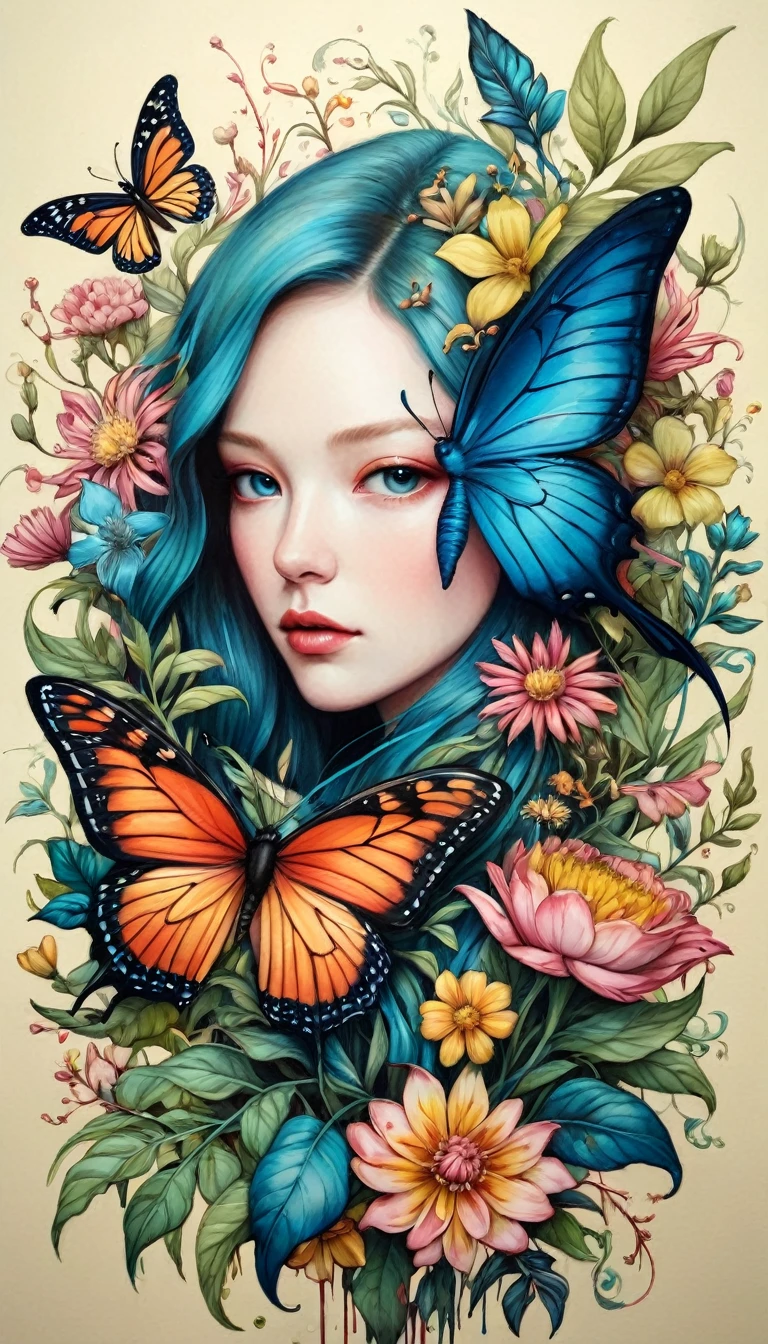 Colored lead painting simple illustration:Inspired by Marco Mazzoni,Bird on portrait、Butterfly、Plants and flowers。