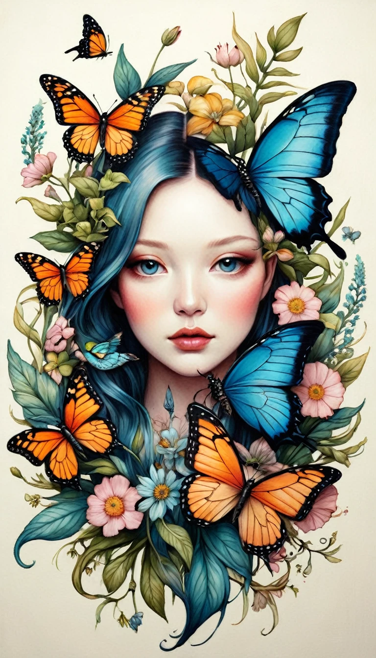 Colored lead painting simple illustration:Inspired by Marco Mazzoni,Bird on portrait、Butterfly、Plants and flowers。