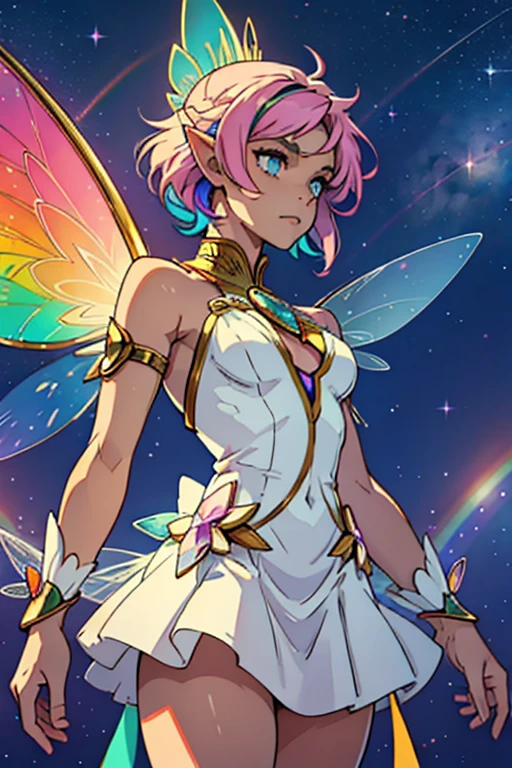 woman celestial rainbow powers to control the colors and star symbols of rainbow-colored hair and white and colored clothes crystals on the body, a fairy,  Did you see a pair of golden fairy wings coming? 