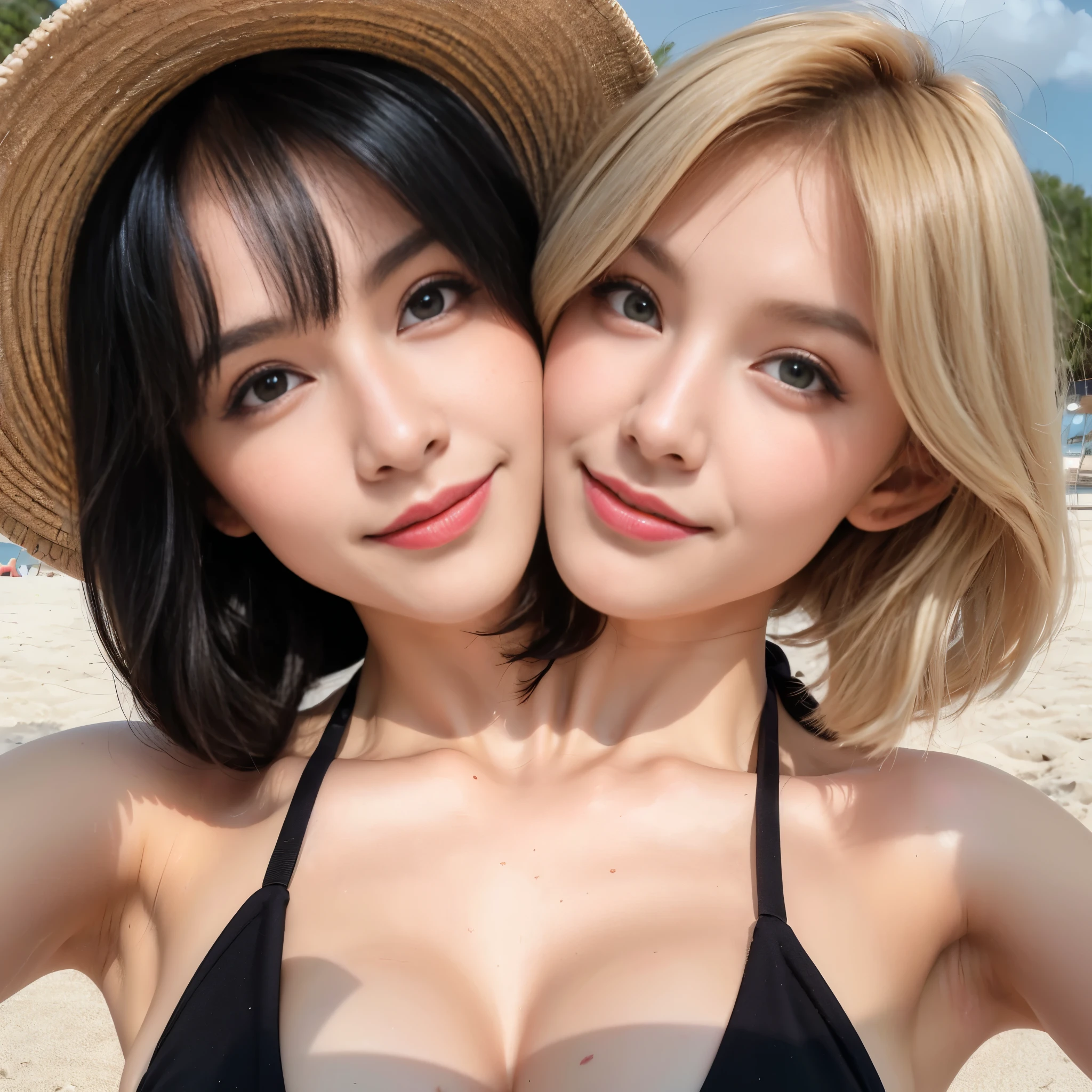 2heads, best resolution, young woman with two heads, blonde hair, black hair, lipstick, black bikini, beach background, different faces