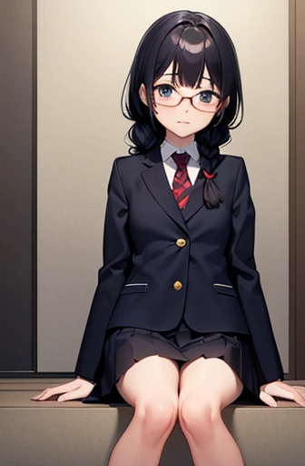 (Unity 8K Wall Pace),(Highest quality),(High resolution),(Very detailed),(Perfect Anatomy),(Beautiful attention to detail),(Very detailedベニス),(masterpiece, Highest quality), Browsing Caution,(1man,1girl), BREAK Japan,Girl,,Not cute,Serious look,Black Hair,(Braid),medium hear,Glasses,Japanese ,Navy Blue Blazer,Pleated skirt,White socks,Sit in front of the audience,Staring at the audience,(hand job:1.5),Grab your penis, BREAK Small penis,(Viewer's penis),Realistic penis
