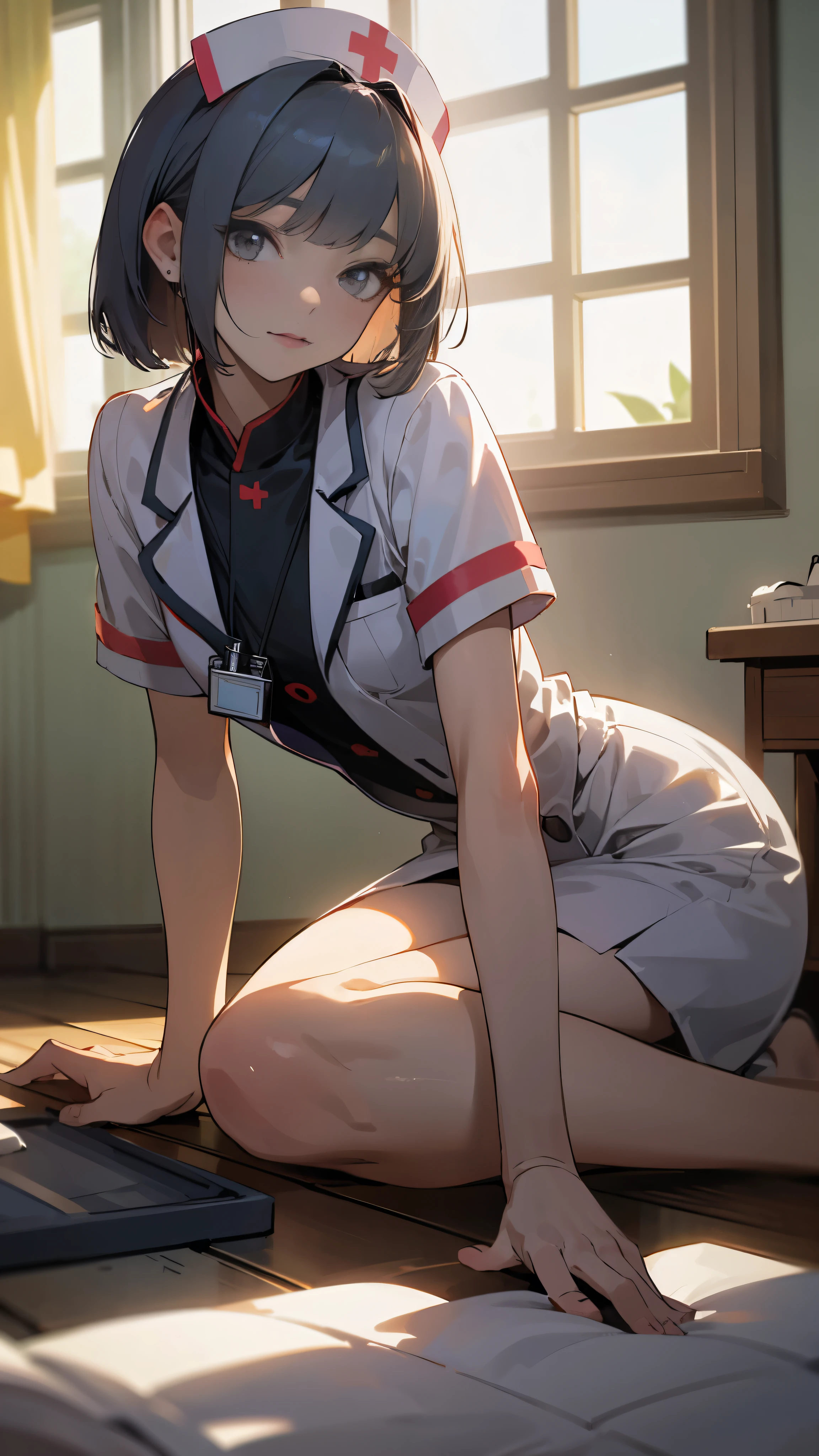 Face close, masterpiece, Ultra-high resolution, original photo, 1 girl, (Healer), (Healer帽), (Ward), nurse_uniform, Lovely，whole body, long legs, Energetic, Daylight Deep Shadows, Unobtrusive, A ray of sunlight shines on my face through the window, front， short hair，light，Top quality, Beautiful and slender nose, Beautiful Skin, (medium length bob hairstyle), Natural bangs, White skin, Forward lighting, (Brighten your face), Health Room