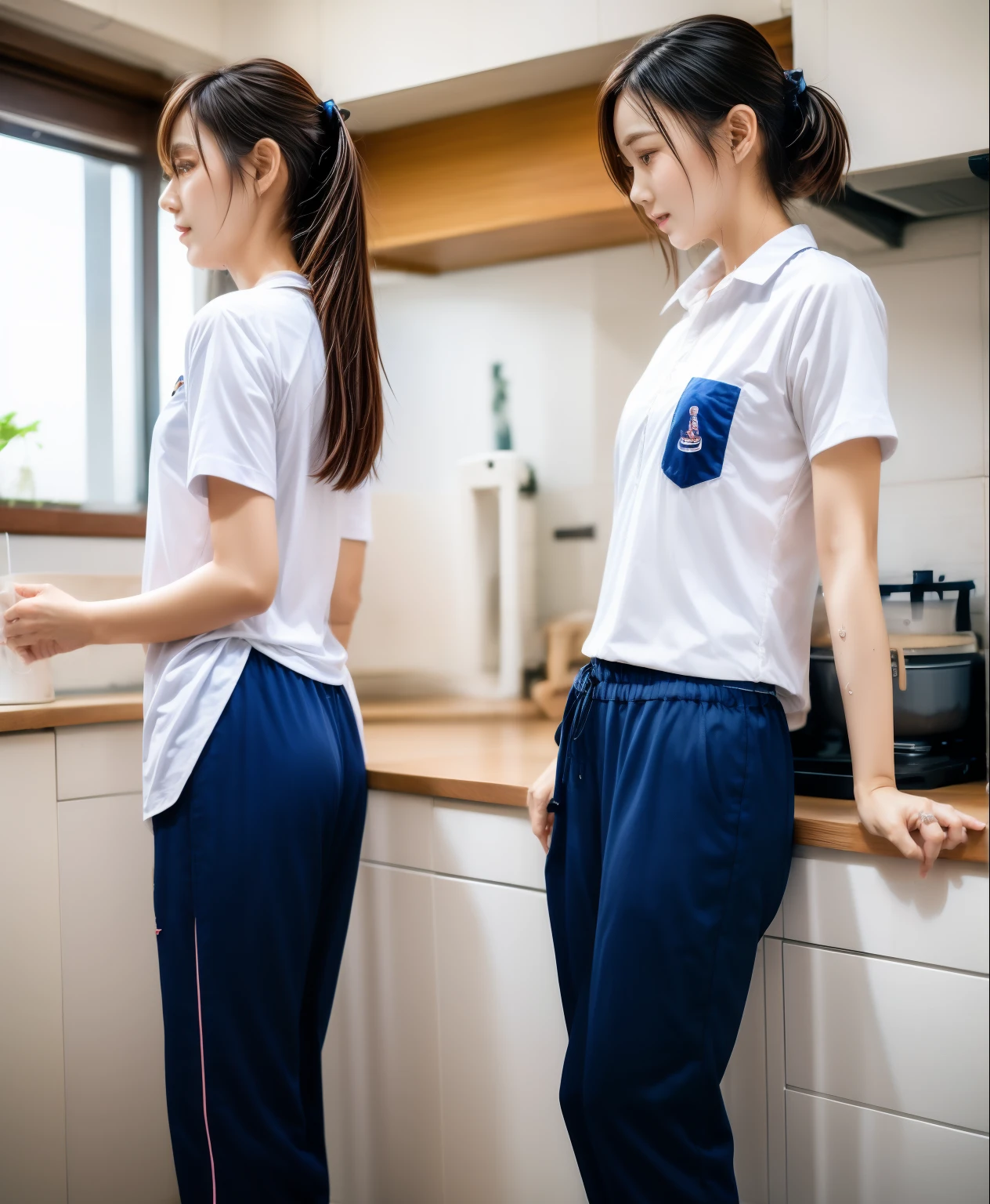 two girls in the kitchen, Navy blue short-sleeved shirt,Navy Long Trackpant,Sweatpants, Sweatpantsขายาว,25 year old girl, lesbian, sexy, exercise clothes, wet body, exercise clothes, exercise clothes