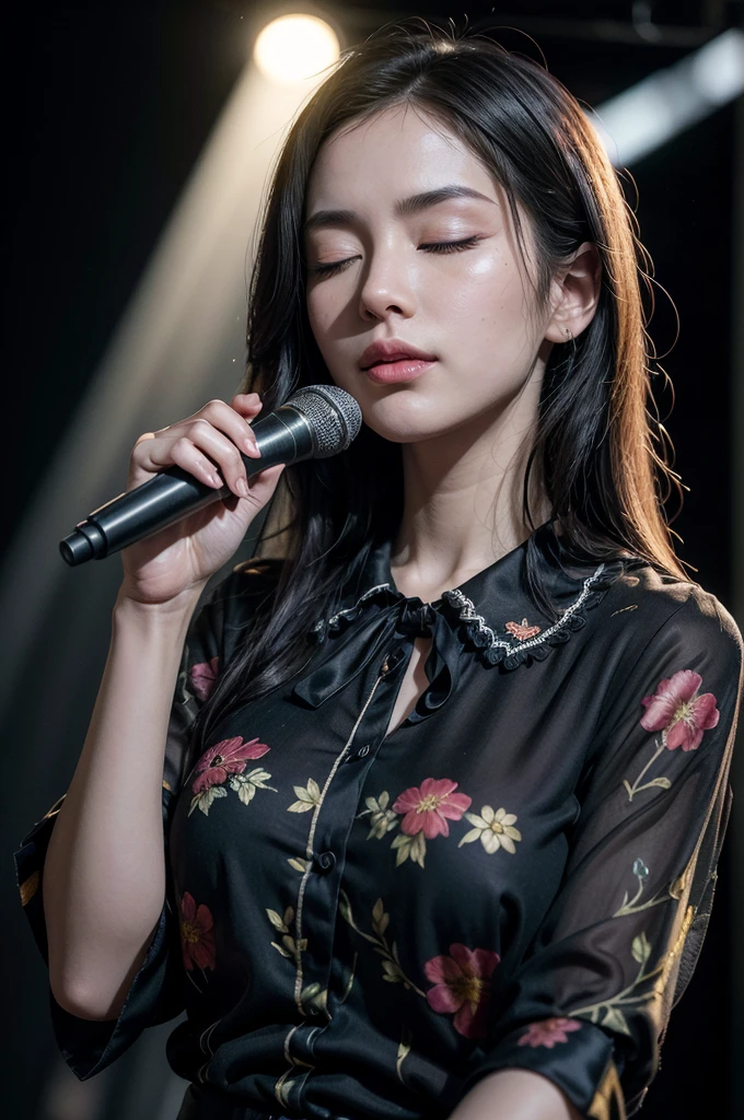 A beautiful woman with long straight black hair, (eyes closed:1.37), thin eyebrows, (wearing a floral (blouse:1.37)), with large full breasts, (holding a microphone with one hand and the other is up), (best quality, 4k, 8k, high resolution, masterpiece:1.2), ultra detailed, (realistic, photorealistic, photorealistic:1.37), highly detailed portrait, intricate details, extremely detailed facial features, extremely detailed clothing, exquisite shading, vivid colors, cinematic lighting, atmospheric lighting, chiaroscuro, dramatic lighting, dramatic shadows, volumetric lighting, depth of field, bokeh