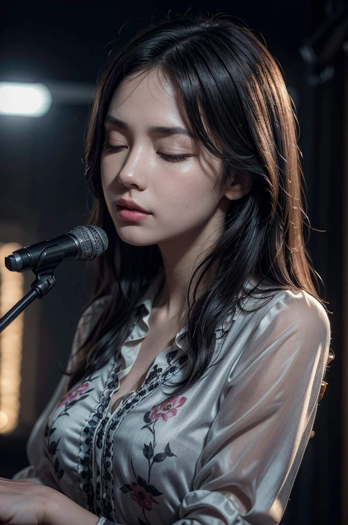 A beautiful woman with long straight black hair, (eyes closed:1.37), thin eyebrows, (wearing a floral (blouse:1.37)), with large full breasts, (holding a microphone with one hand and the other is up), (best quality, 4k, 8k, high resolution, masterpiece:1.2), ultra detailed, (realistic, photorealistic, photorealistic:1.37), highly detailed portrait, intricate details, extremely detailed facial features, extremely detailed clothing, exquisite shading, vivid colors, cinematic lighting, atmospheric lighting, chiaroscuro, dramatic lighting, dramatic shadows, volumetric lighting, depth of field, bokeh