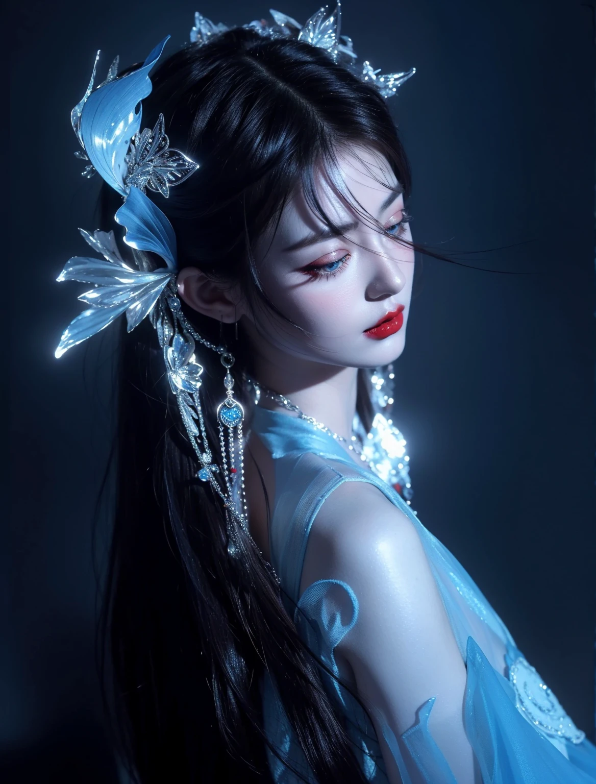 Royal princess,Extremely detailed, Delicate face, Stock Photography , Portrait 400, F1 Camera Lens.6, rich and colorful, Surrealism, Realistic textures, Dramatic Lighting, Thin Film Distiller 800 (8K, original photo, Better quality, masterpiece: 1.2), Extremely detailed, (Extremely delicate skin: 1.2), 8K ultra high definition, SLR camera, Soft Light, high quality.Fire Queen,Blue pupils,Wear red lipstick,Have a tattoo,The tattoo is very three-dimensional,Gorgeous and intricate tattoo designs,Dark eyeshadow,Sexy thick lips(Red lipstick),A billion dollar jewellery,sideways