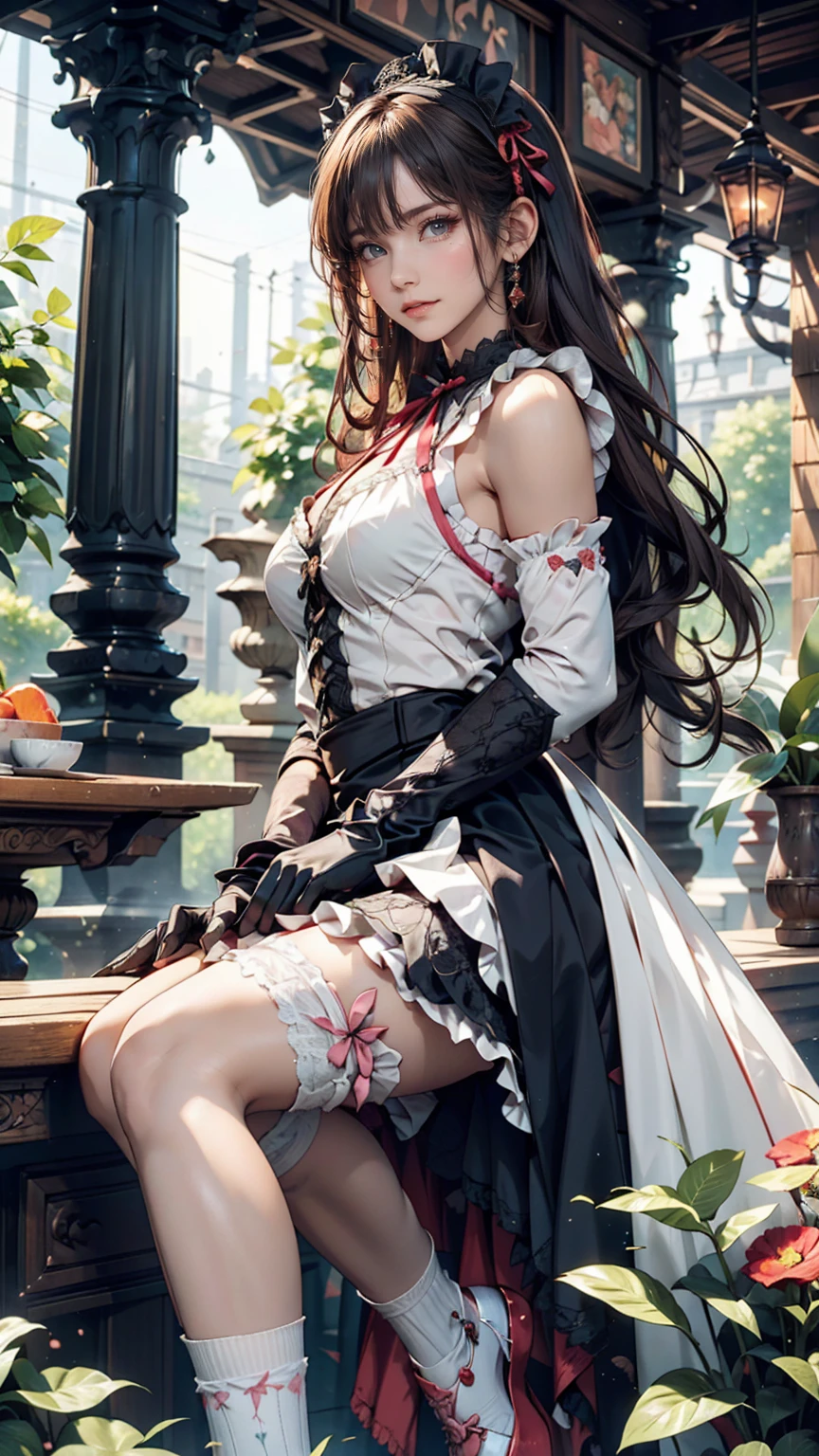Super detailed, High resolution,[8k images:1.15],garden、Overall long hair、1 girl, smile, akatsuki_loghorizon, long hair, brown hair、bright eyes、open-chested clothes、gothic ta clothing、Cute skirt、skirt, white skirt、absolute reference to center、Emphasize cleavage