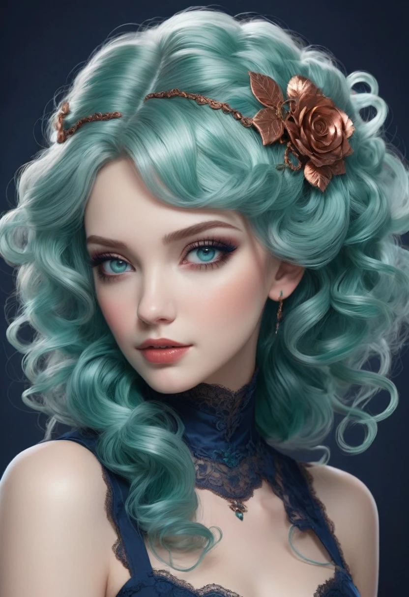 Beautiful Dickensian woman. Innocent. But with hidden sultriness. sea-green-eyes. Navy-blue-dress. blue lace. copper colored hair that is coarse, wiry, and tightly curled. It often has a rough texture, feels stiff to the touch, and may be prone to frizz and tangling. The curls can be densely packed. . The Official Art – An Award-Winning Digital Masterpiece In 4K Ultra HD, Extreme Detail And Intricate Realism. This Concept Art Brought To Life By The Hands Of Artists Like Wlop & Artgerm In A Stunning 2D Vector Illustration. Paige Renee Spiranac. LArge, perky, full, well shaped pleasing breasts. Background is a panoramic vista.