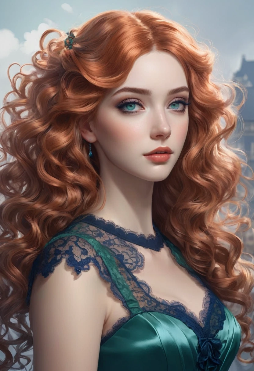 Beautiful Dickensian woman. Innocent. But with hidden sultriness. sea-green-eyes. Navy-blue-dress. blue lace. copper colored hair that is coarse, wiry, and tightly curled. It often has a rough texture, feels stiff to the touch, and may be prone to frizz and tangling. The curls can be densely packed. . The Official Art – An Award-Winning Digital Masterpiece In 4K Ultra HD, Extreme Detail And Intricate Realism. This Concept Art Brought To Life By The Hands Of Artists Like Wlop & Artgerm In A Stunning 2D Vector Illustration. Paige Renee Spiranac. LArge, perky, full, well shaped pleasing breasts. Background is a panoramic vista.