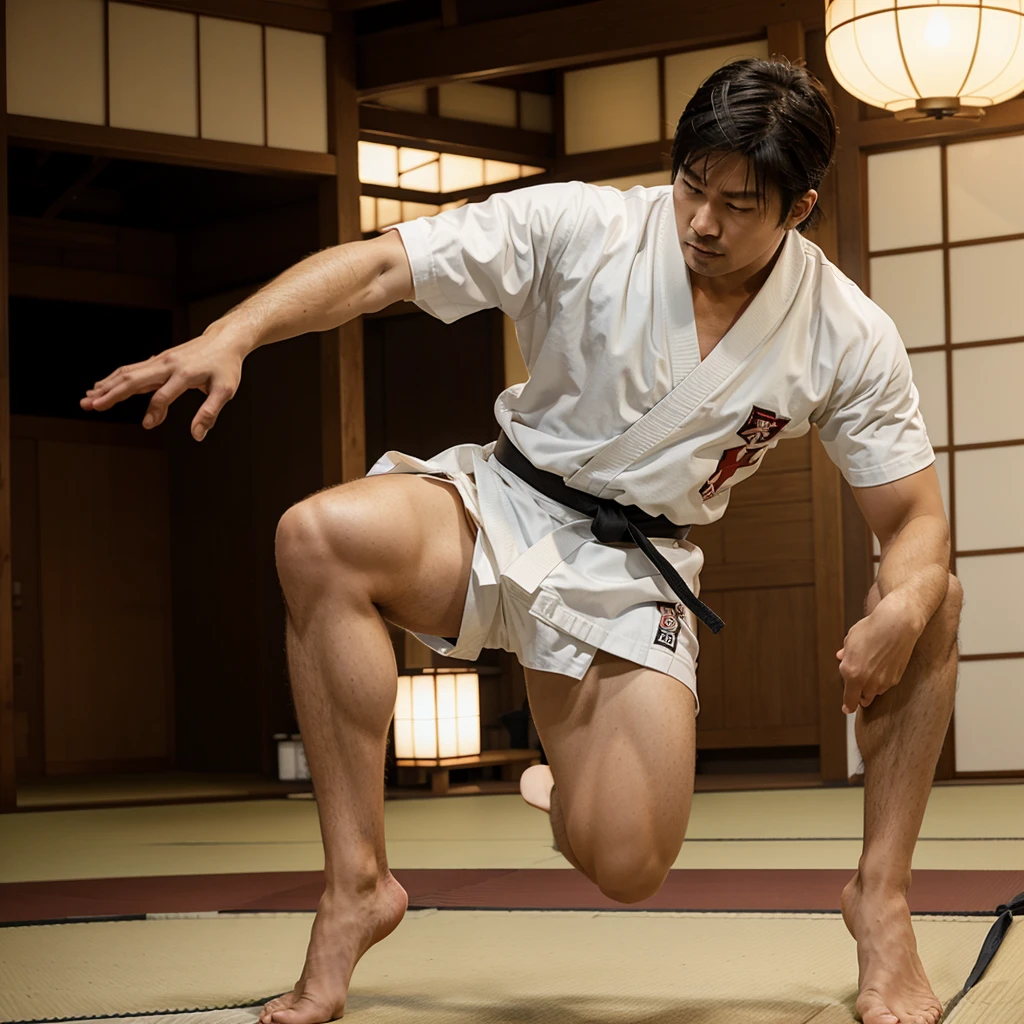 Japanese hunk man; karate kimono; kicking 