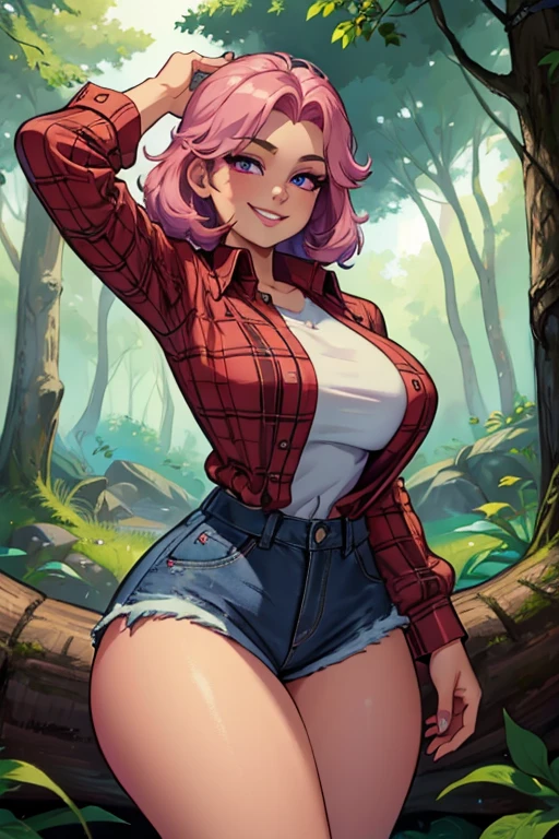 Perfect face. Perfect hands. A pink haired woman with violet eyes and an hourglass figure wearing a Gothic plaid shirt and daisy dukes is exploring the woods with a big smile