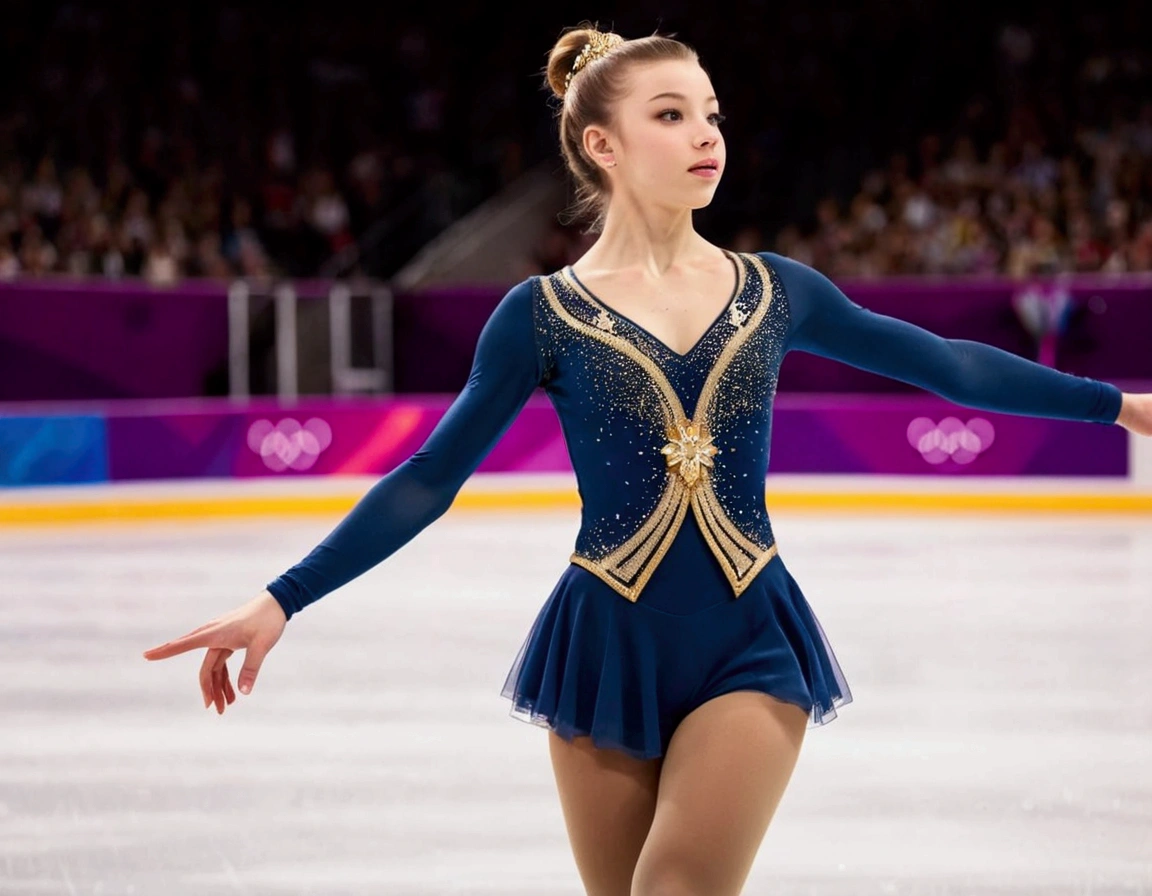 Olympic figure skater (18 years old, hair up tight, ice skates, small blue and gold outfit Olympic insignia), skating in a packed arena