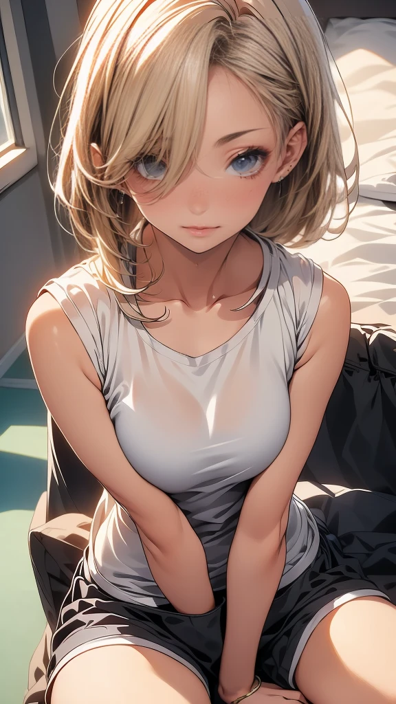 beautiful girl,sexy,Gray Hair,Massware,wearing sleeveless t-shirt,Wear shorts.,Lying in bed
