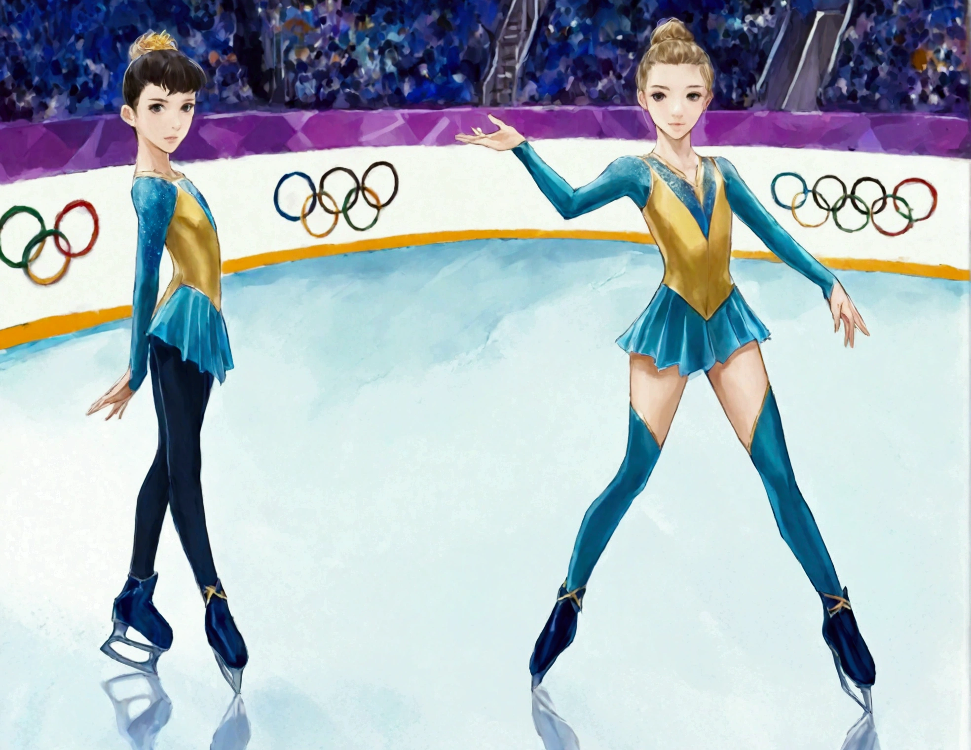 Olympic figure skater (18 years old, hair up tight, ice skates, small blue and gold outfit Olympic insignia), skating in a packed arena