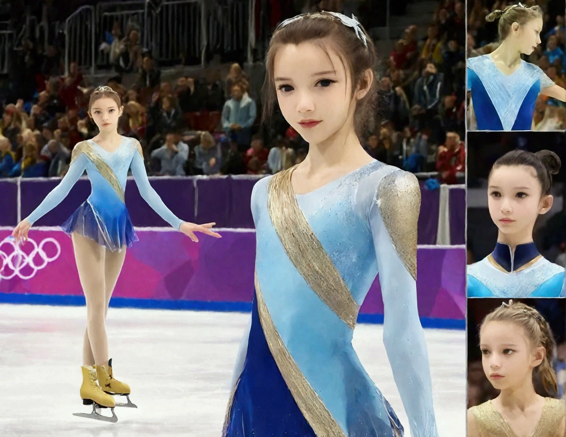 Olympic figure skater (18 years old, hair up tight, ice skates, small blue and gold outfit Olympic insignia), skating in a packed arena
