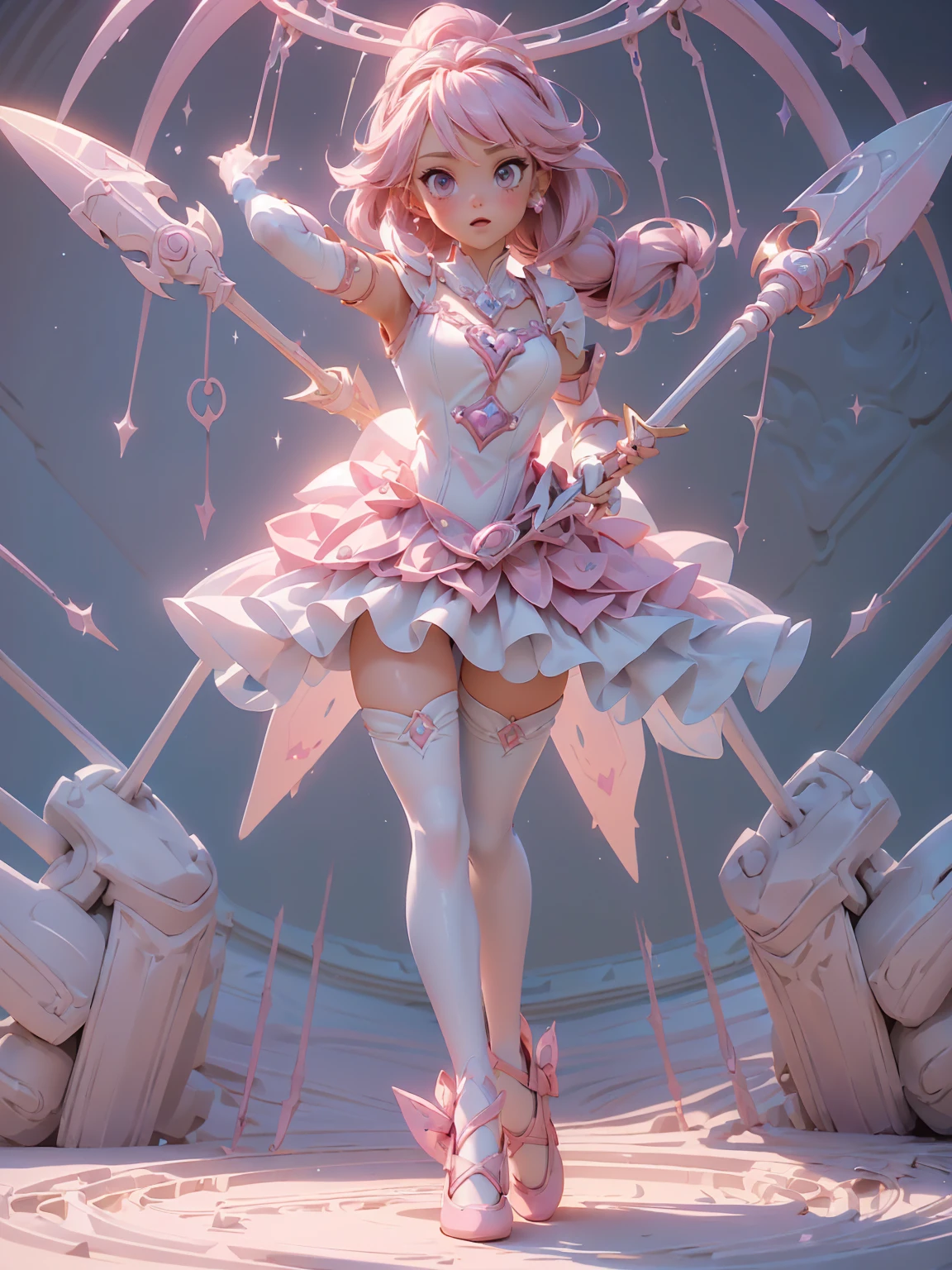 Design a layout showcase Gaming character, (1girl). Pink+White clothes, cute and playful, ((showcase weapon:1.4)), magical wand, (masterpiece:1.2), (best quality), 4k, ultra-detailed, (Step by step design, layout art:1.5), (soft lighting, whimsical atmosphere), magical girl, ((sparkly gloves)), (((revealing dress:1.3))), heart vambraces, ballet shoes, (((full_body_shot:1.4)))