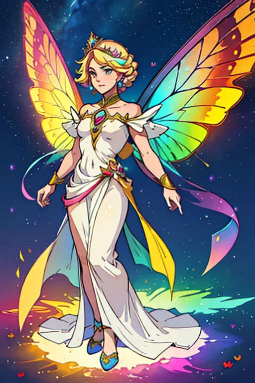 full body image woman celestial rainbow powers to control the colors and star symbols of hair color of the rainbow and white clothes and colored crystals on the body, a fairy,  see that a pair of golden fairy wings and a crown of butterflies will come