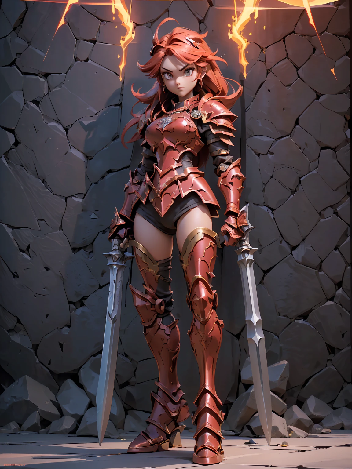 Design a layout showcase Gaming character, (1girl). Red+Gold clothes, regal and powerful, ((showcase weapon:1.4)), battle axe, (masterpiece:1.2), (best quality), 4k, ultra-detailed, (Step by step design, layout art:1.5), (fiery lighting, epic setting), berserker, ((metal gloves)), (((revealing armor:1.3))), chainmail vambraces, armored boots, (((full_body_shot:1.4)))
