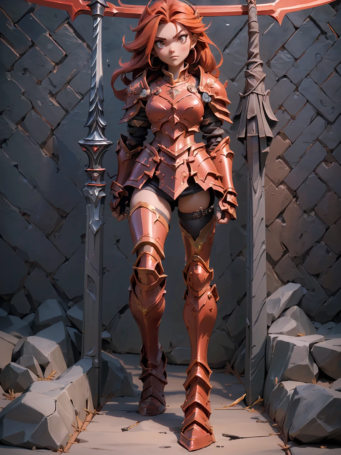 Design a layout showcase Gaming character, (1girl). Red+Gold clothes, regal and powerful, ((showcase weapon:1.4)), battle axe, (masterpiece:1.2), (best quality), 4k, ultra-detailed, (Step by step design, layout art:1.5), (fiery lighting, epic setting), berserker, ((metal gloves)), (((revealing armor:1.3))), chainmail vambraces, armored boots, (((full_body_shot:1.4)))

