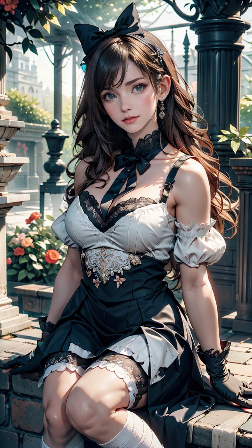 A young woman dressed in pastel-colored ta fashion。One piece with plenty of frills、Lace gloves、Knee-length socks、Head dress with ribbon。The background is a classical garden