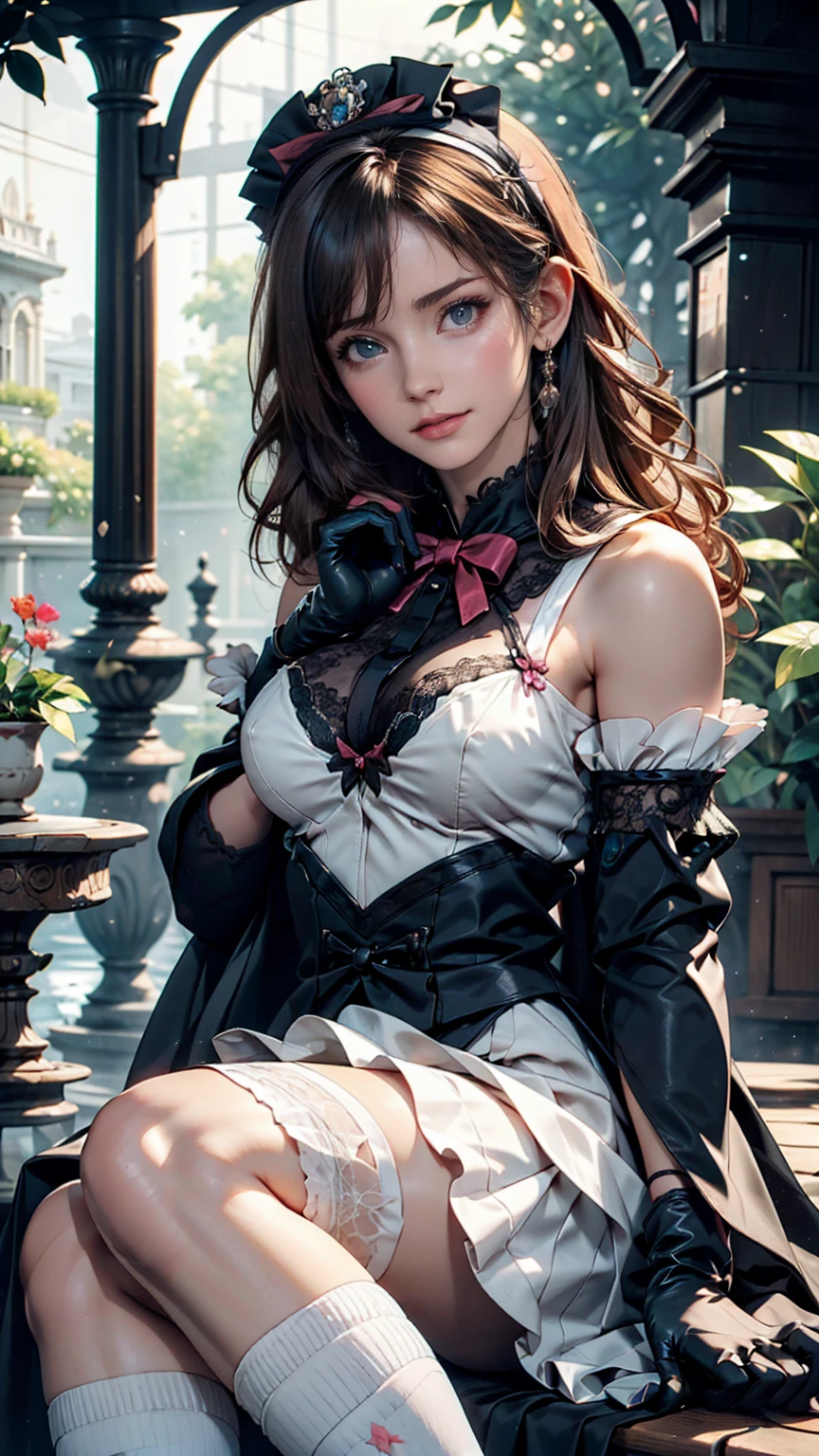 masterpiece,best quality,ultra highres,1girl,full body,fishnets,maid headdress,apron,<lora:å¥³ä»:0.6>,JIMMY CHOO,outdoors,over the sea,forest,sexy,cleavage,