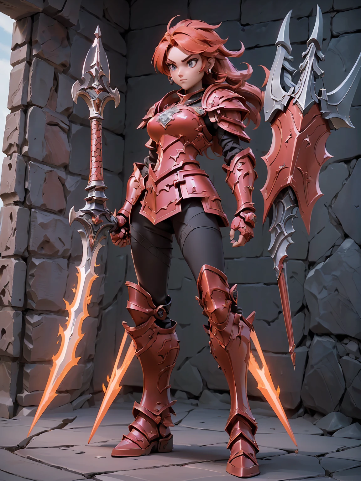 Design a layout showcase Gaming character, (1girl). Red+Gold clothes, regal and powerful, ((showcase weapon:1.4)), battle axe, (masterpiece:1.2), (best quality), 4k, ultra-detailed, (Step by step design, layout art:1.5), (fiery lighting, epic setting), berserker, ((metal gloves)), (((revealing armor:1.3))), chainmail vambraces, armored boots, (((full_body_shot:1.4)))