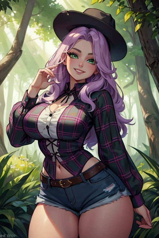 Perfect face. Perfect hands. A light purple haired woman with green eyes and an hourglass figure and long hair wearing a Gothic plaid shirt and daisy dukes is exploring the woods with a big smile
