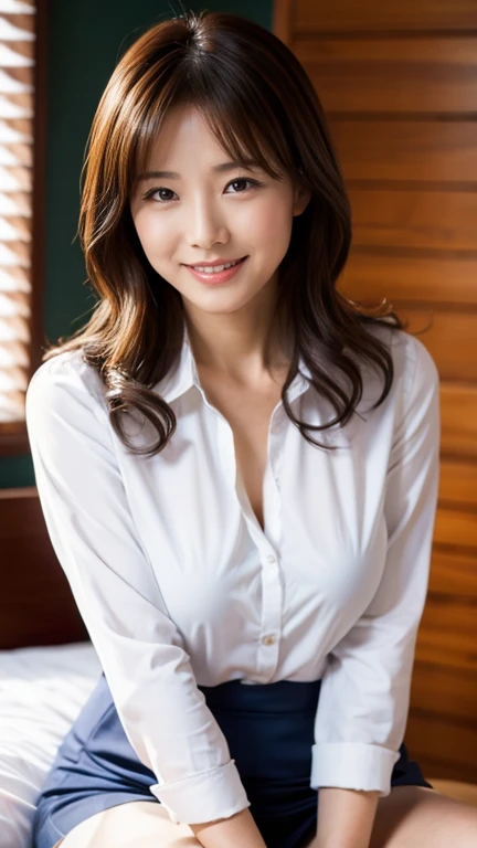 ((最high quality、8k、masterpiece:1.3))、Realistic, Sharp focus, high quality, High resolution, alone, Japanese, 優しいsmile,Middle-aged women,36 years old, ((Big Breasts)), ((Big Ass 1.3))、Medium Long Hair, Wrinkles around the eyes, recruit、Tight Skirt、blouse、clerk、office lady、((Up to the thighs))、自宅のBedroom、Bedroom、優しいsmile、Seductive Gaze、smile、