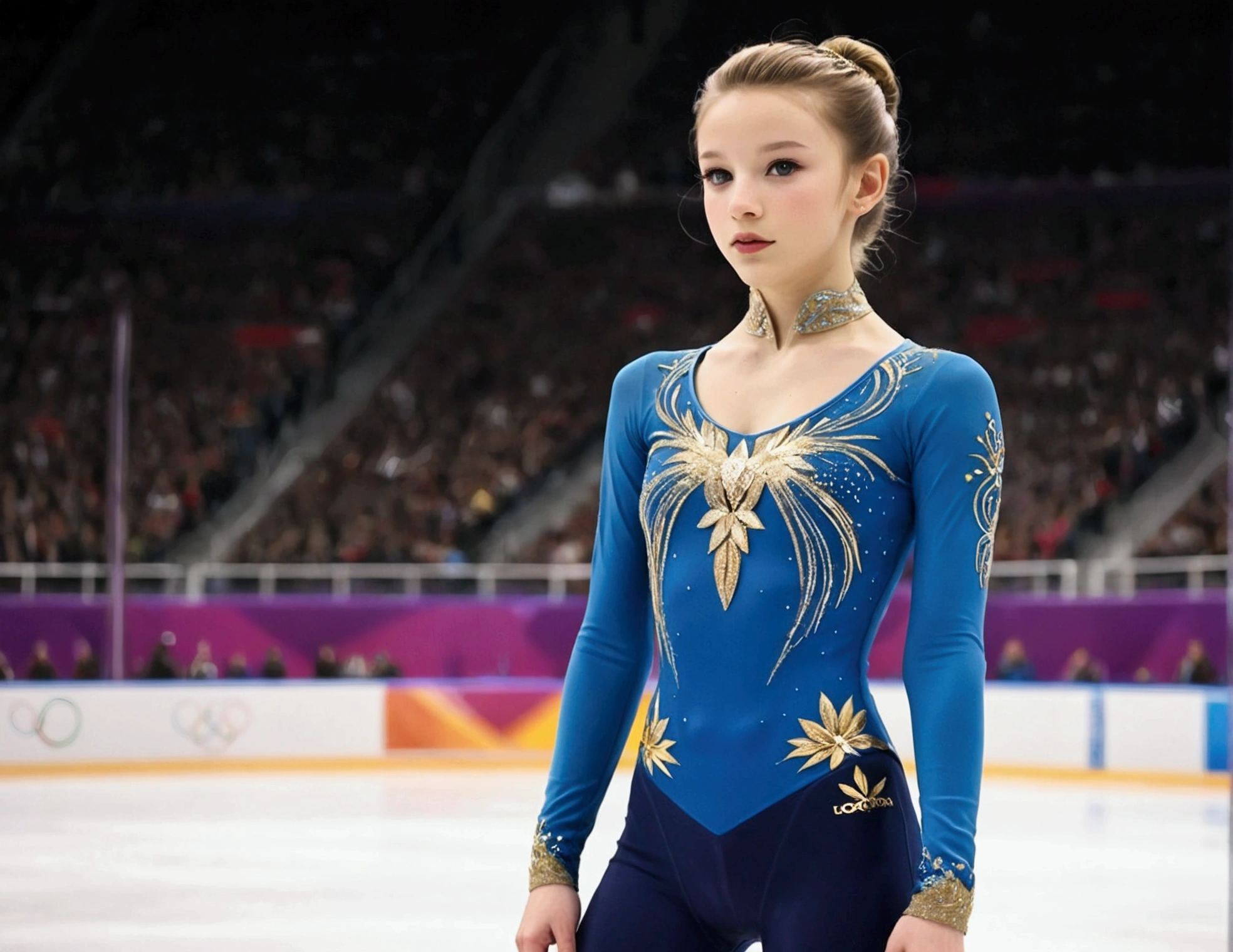 Olympic figure skater (18 years old, hair up tight, ice skates, small blue and gold outfit Olympic insignia), skating in a packed arena