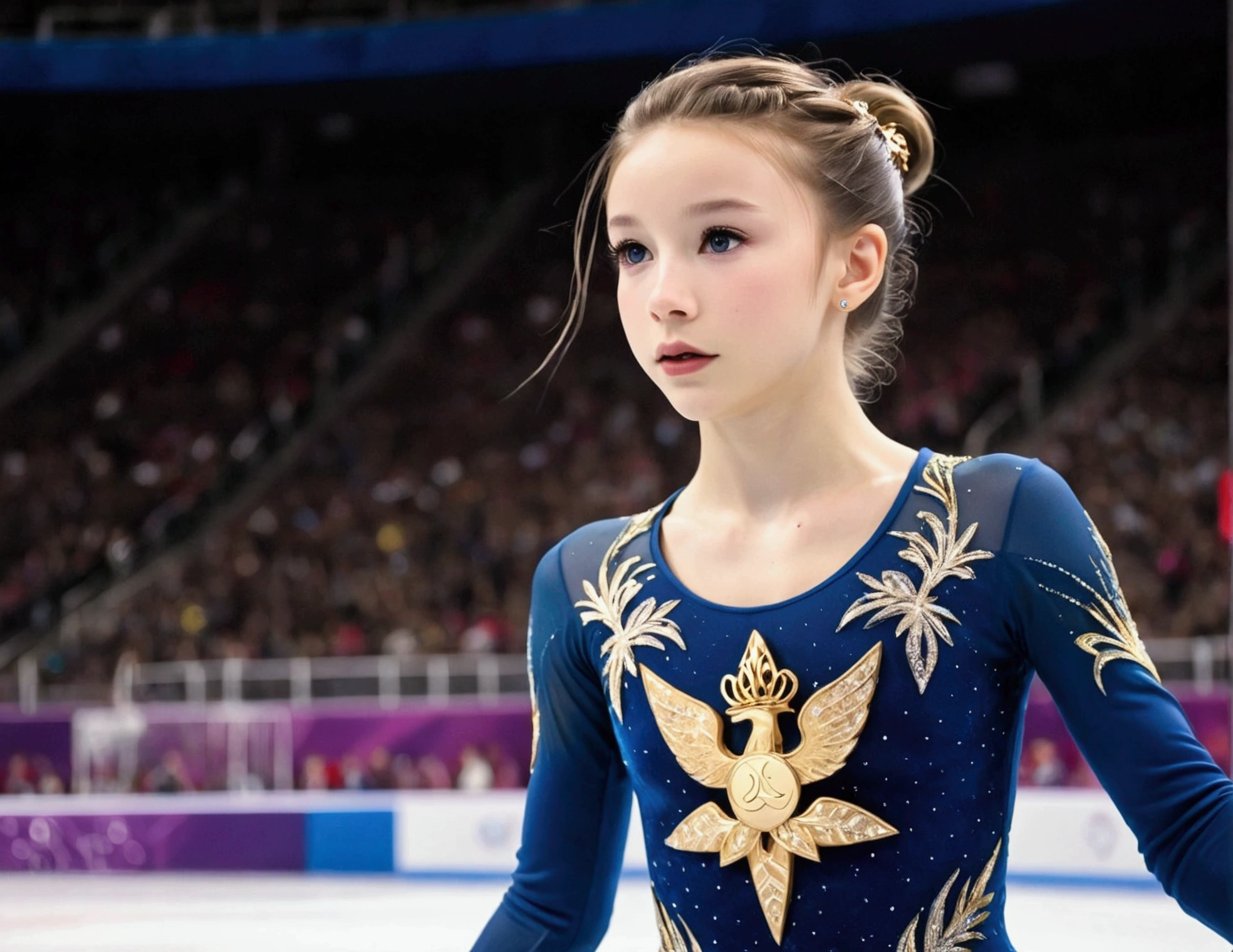 Olympic figure skater (18 years old, hair up tight, ice skates, small blue and gold outfit Olympic insignia), skating in a packed arena
