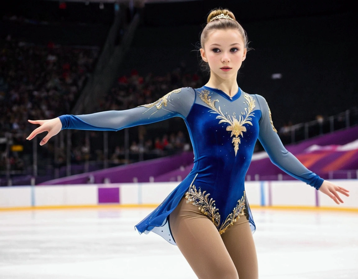 Olympic figure skater (18 years old, hair up tight, ice skates, small blue and gold outfit Olympic insignia), skating in a packed arena