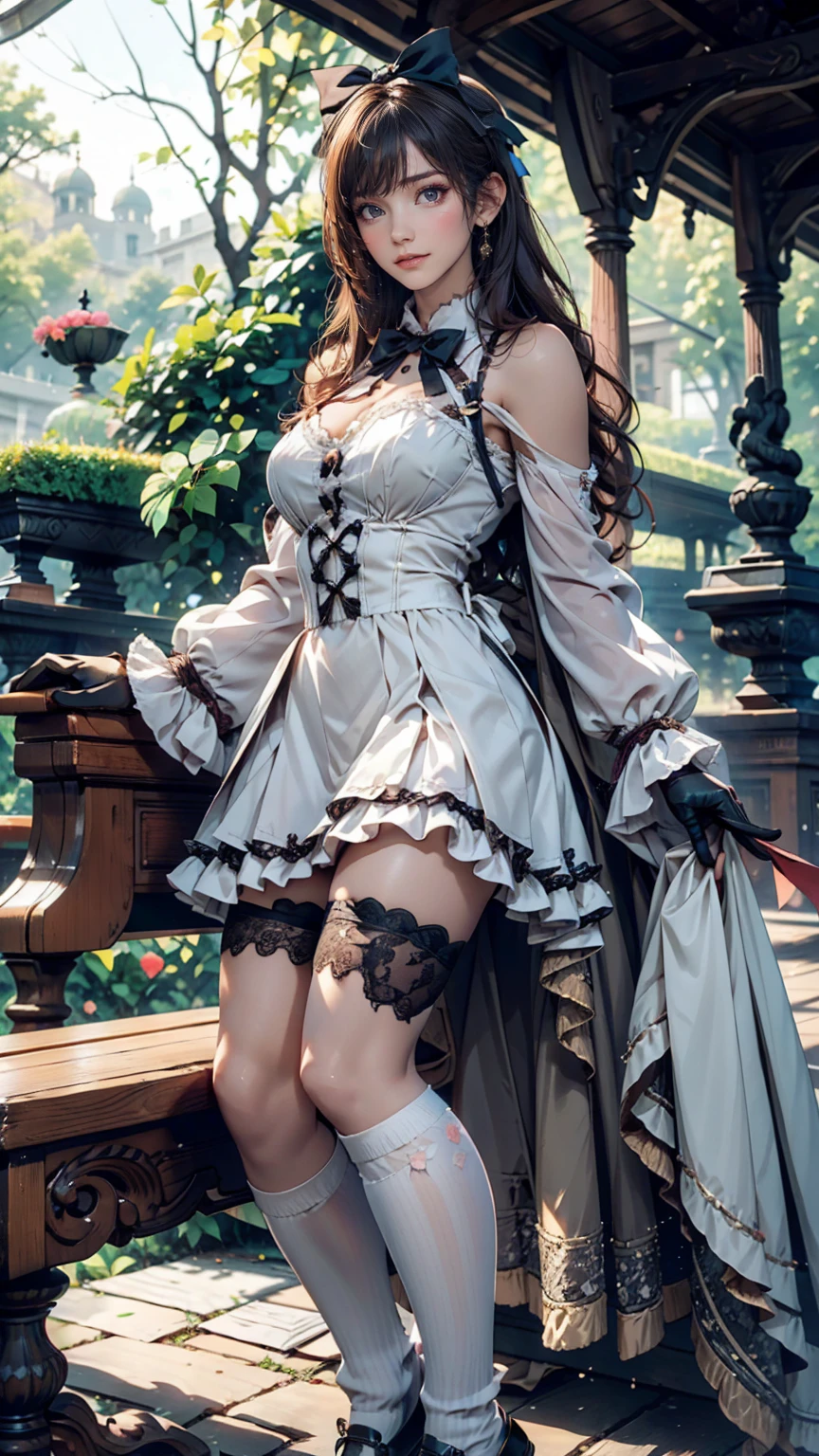 A young woman dressed in pastel-colored ta fashion。One piece with plenty of frills、Lace gloves、Knee-length socks、Head dress with ribbon。The background is a classical garden