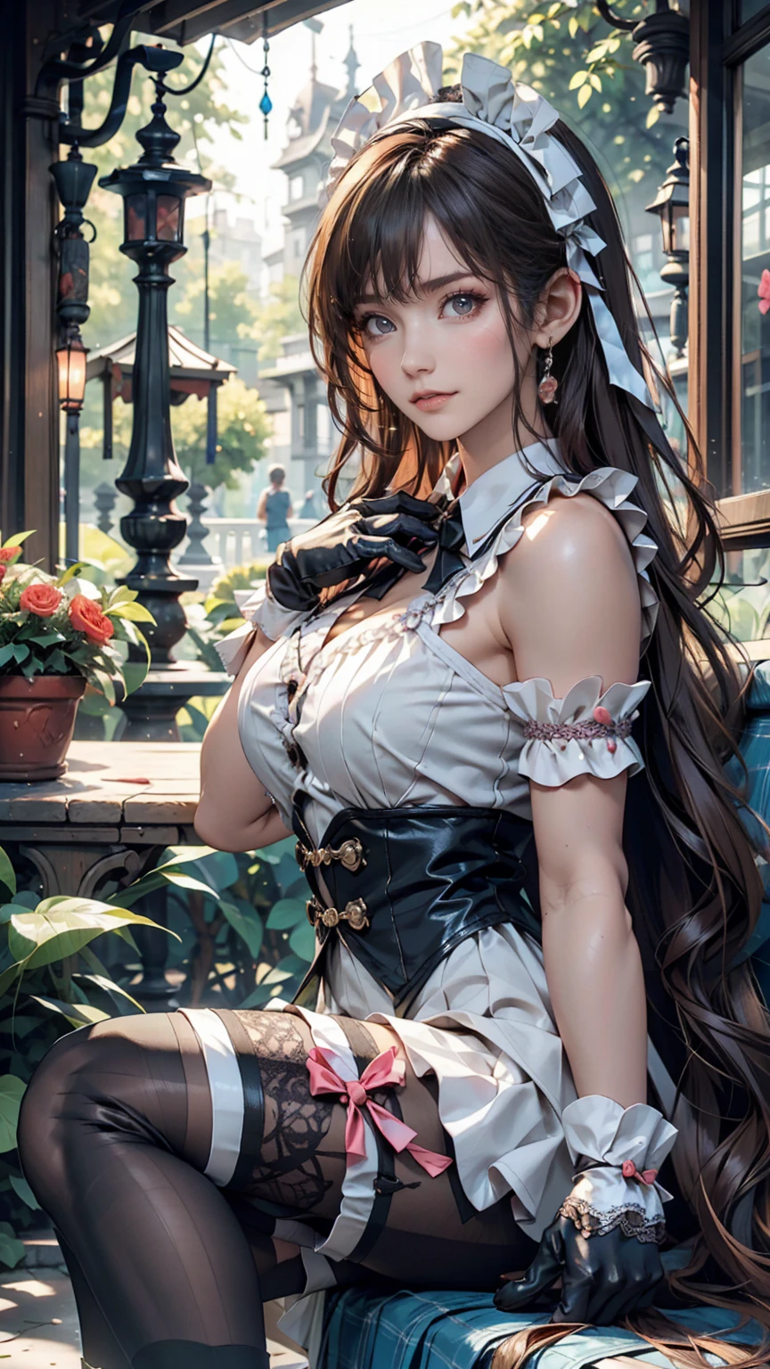 (Best quality,4K,8K,A high resolution,Masterpiece:1.3), Ultra-detailed, Realistic:1.37),hdr,hyper HD,Studio lighting,Ultra-fine painting,Sharp focus,Physically-based rendering,professional,Vivid colors,Bokeh,sportrait,Color harmony,(A young woman in an 1890s Victorian suit:3),20yr old,big breasts beautiful,prette,Marie Antoinette,palace of versailles,medieval times,European Union,((1girl in)),Upward hairstyle,French dress,Inside the garden in the 1890s,Have temperament,gentleness,sitted,Small table,kawa,portraitures