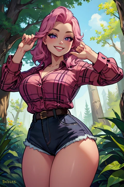 Perfect face. Perfect hands. A pink haired woman with violet eyes and an hourglass figure wearing a Gothic plaid shirt and daisy dukes is exploring the woods with a big smile